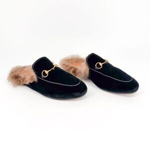 Gucci Princetown Black Velvet Fur Lined Horsebit Mules Size 38.5 US 8.5 Women's